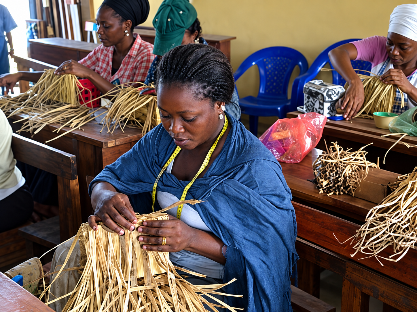 Artisans weaving water hyacinth in a Lagos workshop