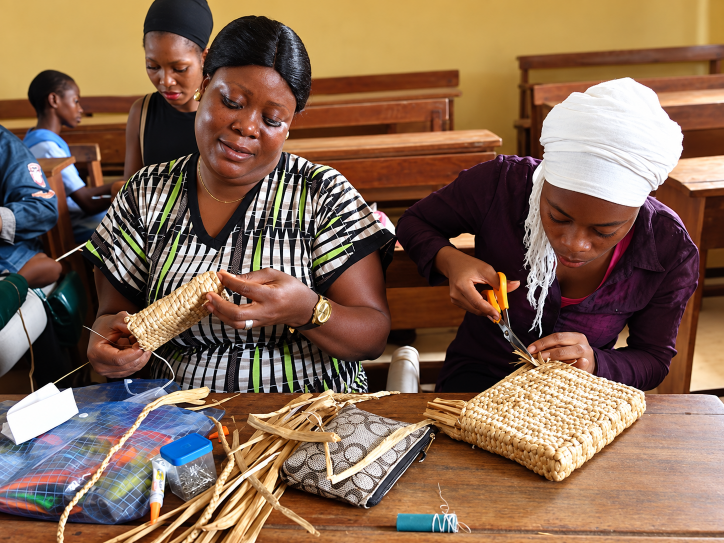 Artisan finishing a handwoven water hyacinth clutch