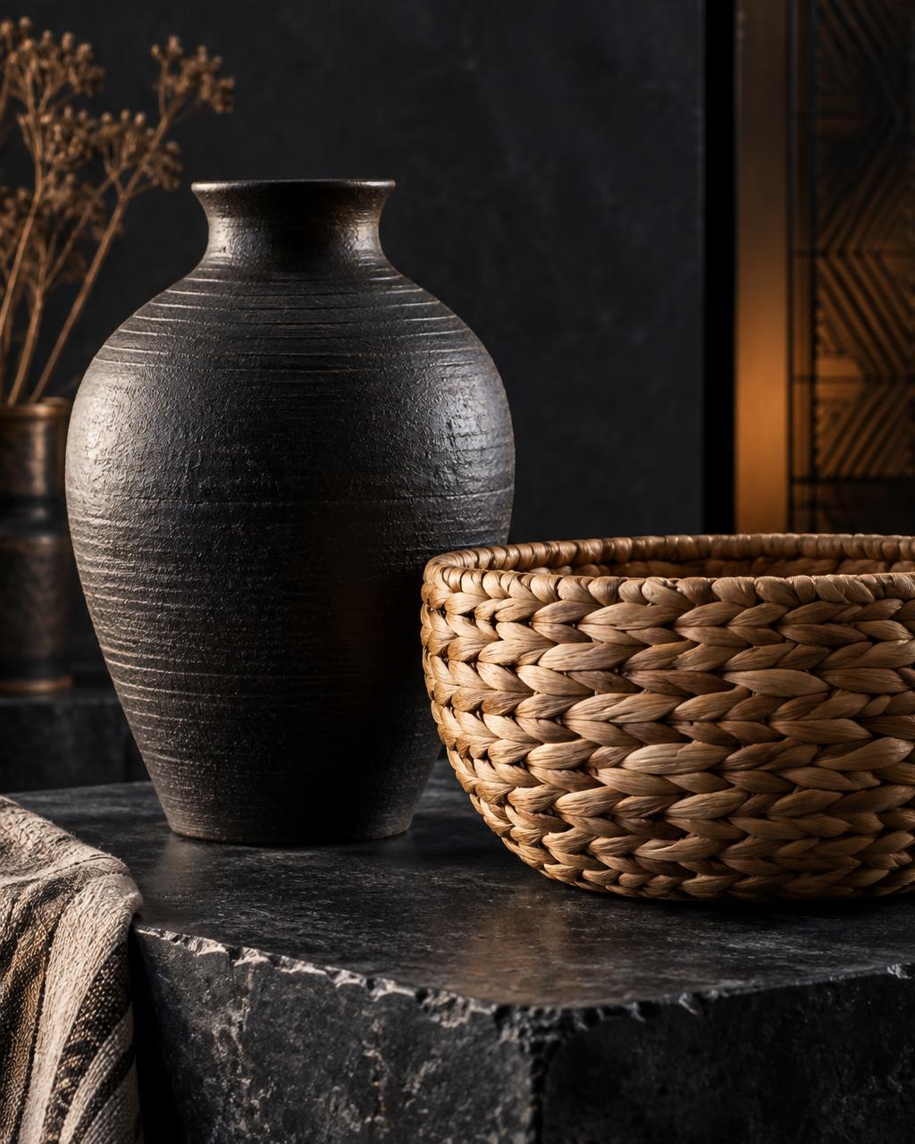 Hand-thrown black vase and natural woven basket