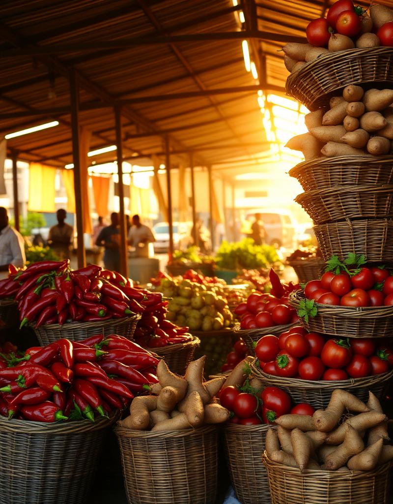 Vibrant Nigerian open-air market with baskets of fresh produce